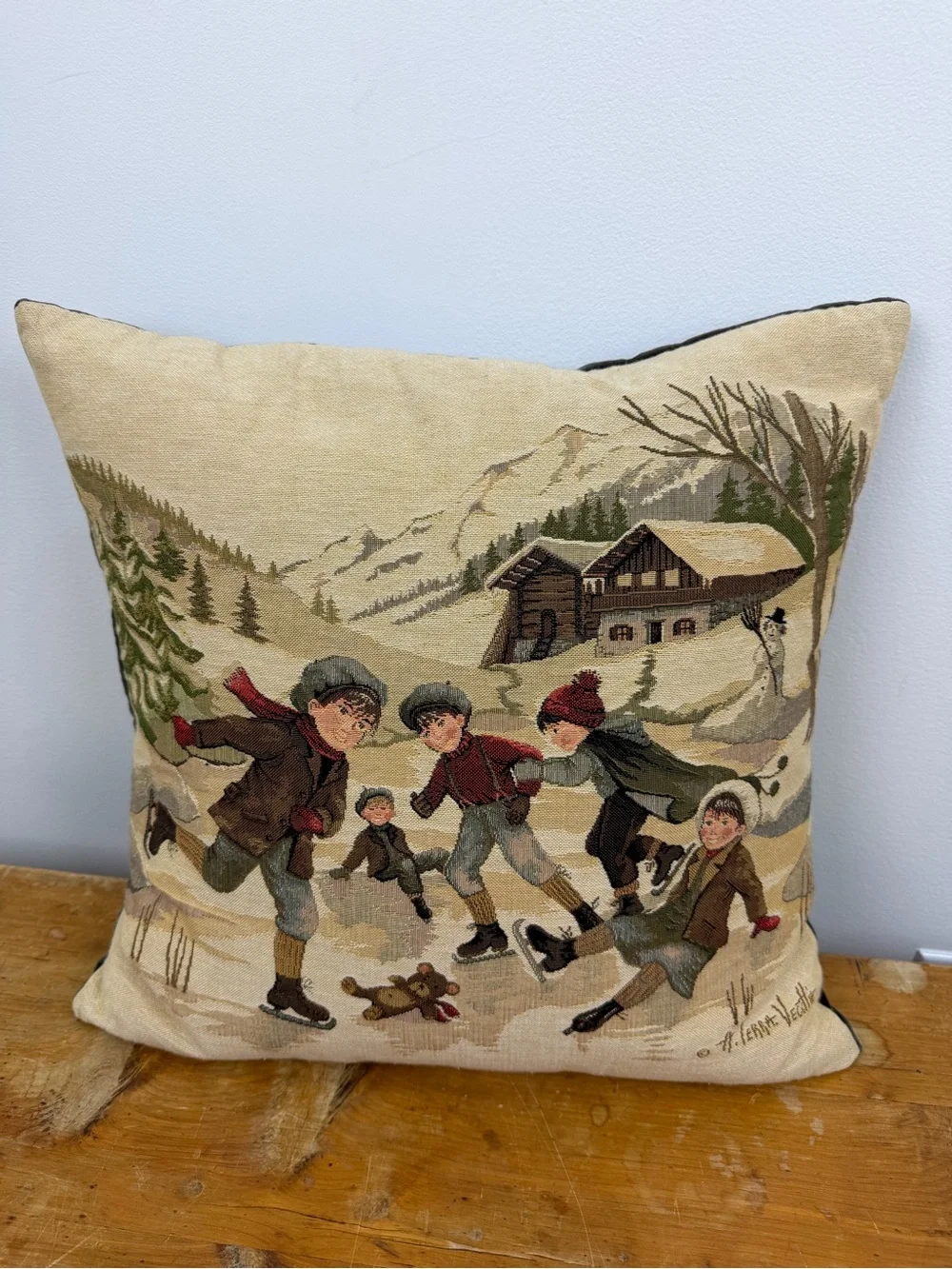 Hines Winter Ice Skating Tapestry Feather Pillow Made in England